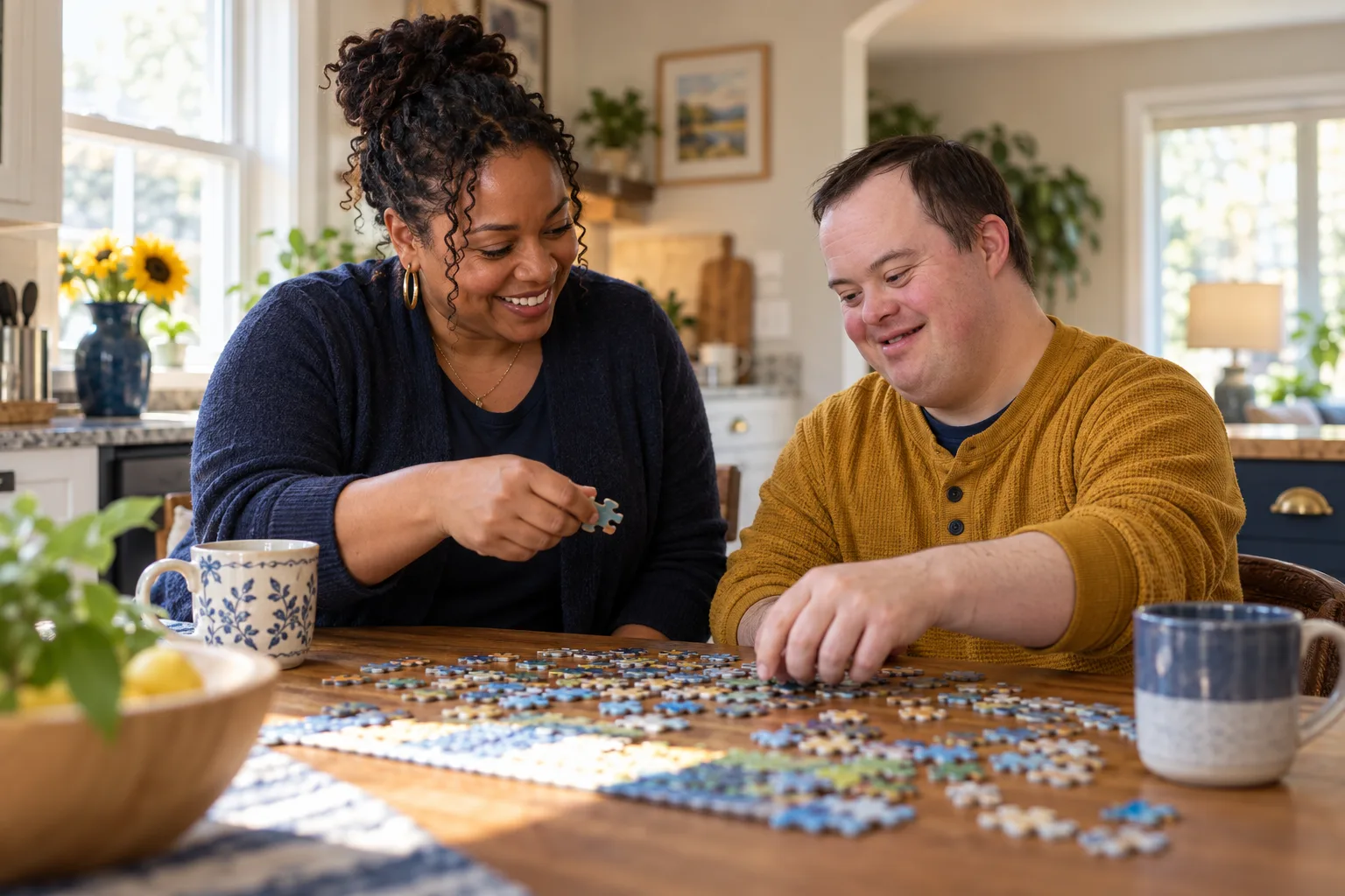 Two adults working on a puzzle together at home